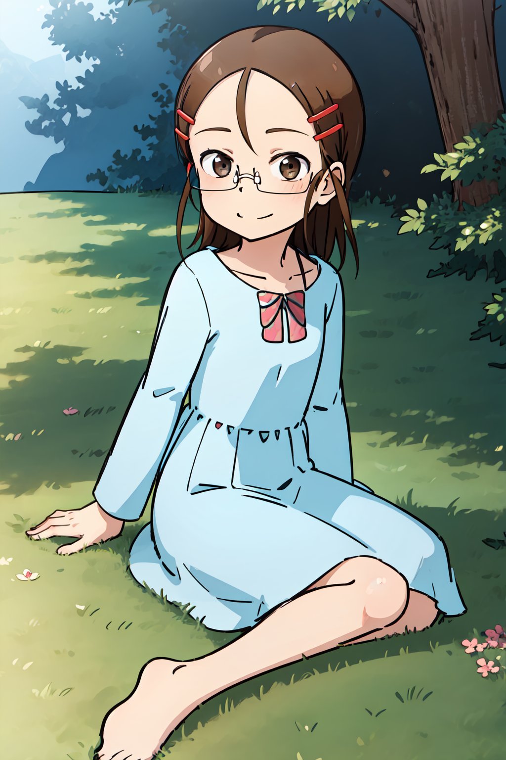 Yukari Tenkawa, masterpiece, best quality, 1girl, solo, brown hair, hair ornament, brown eyes, glasses, hairclip,
princess dress, light blue dress, sitting, sitting on the grass, long dress, smiles, day, looks at viewer,