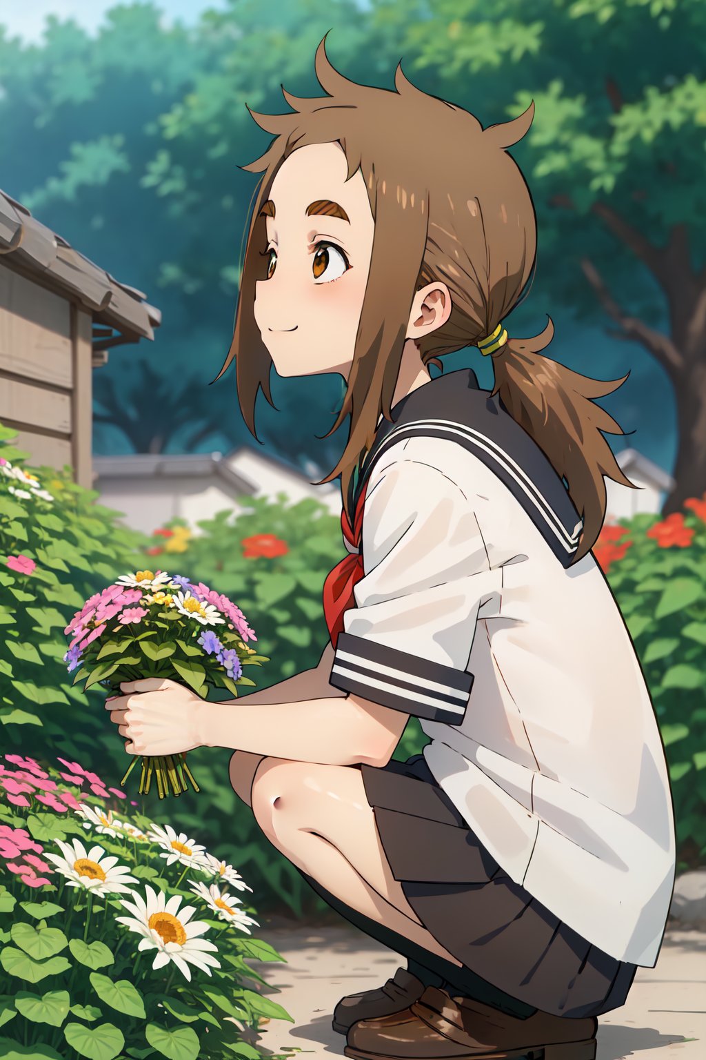 mina_hibino, forehead, short hair, brown hair, sidelocks, low ponytail, brown eyes,
school uniform, serafuku, squatting, looking at flowers, happy, flowers, flowerbed, colorful flowers, outdoors, side view