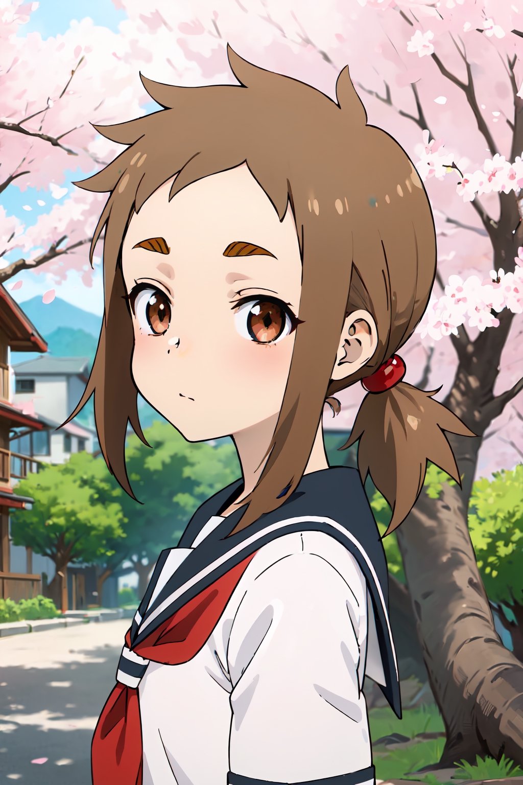 mina_hibino, forehead, short hair, brown hair, sidelocks, low ponytail, brown eyes,
school uniform, serafuku, cherry blossom, under a tree, cherry tree, cherry blossom, park,