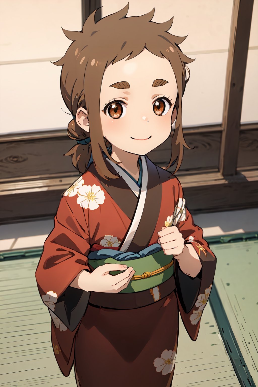 mina_hibino, forehead, short hair, brown hair, sidelocks, low ponytail, brown eyes,
kimono, japanese clothing, printed kimono, printed flowers, happy, smile, japanese house, indoors, japanese room, child