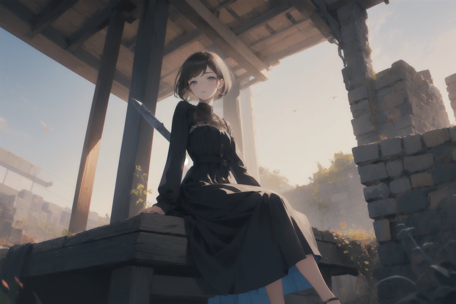 1girl, solo, brown hair, black hair, long sleeves, dress, holding, sitting, closed mouth, closed eyes, weapon, sky, sword, holding weapon, black dress, holding sword