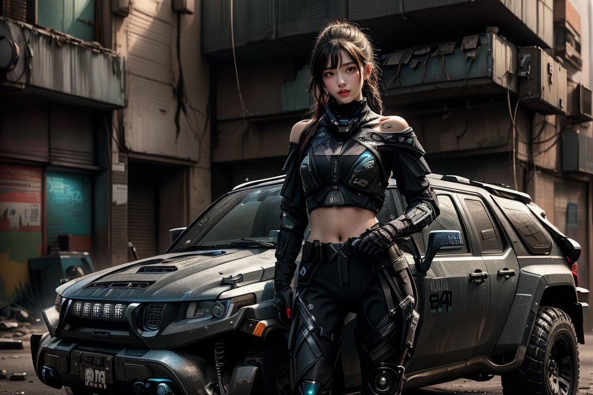 Beautiful, realistic, masterpiece, HD, super wide angle photography, 1 girl, ((futuristic black tactical suit)), sexy, charming, alluring, special operations agent, off shoulder crop top, premium gadgets, medium bust, Urban high-tech clothing. The scene is in a war-torn urban street. The girl drives a heavily loaded jeep.