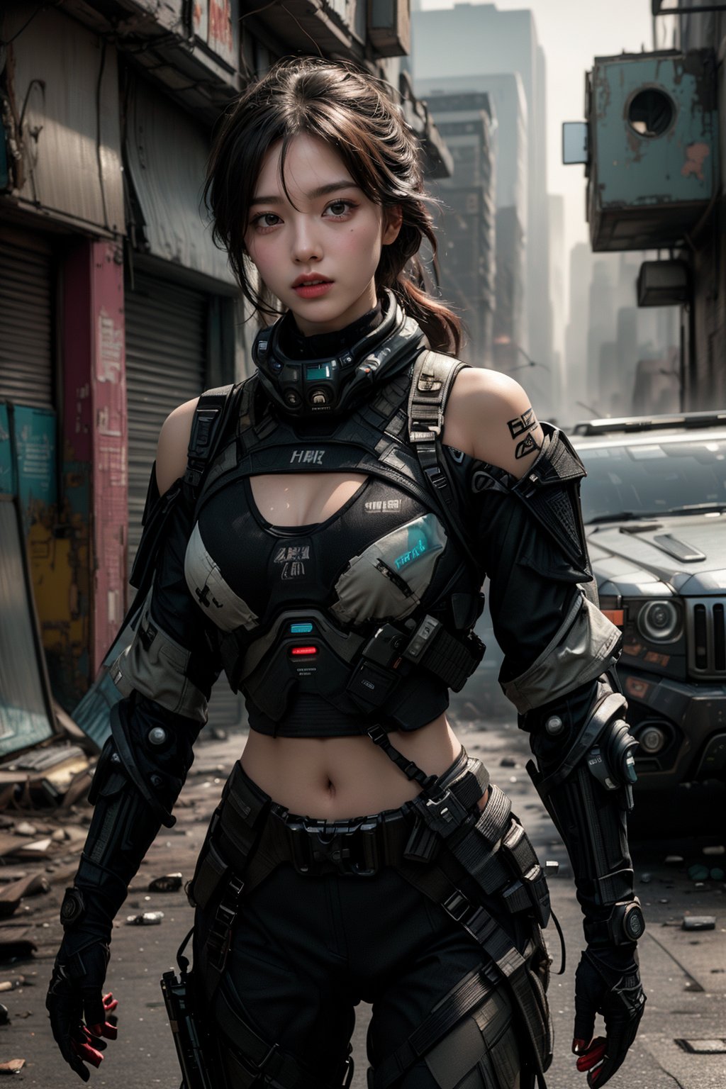 beautiful, realistic, masterpiece, high definition, bird's eye view, super wide angle photography, 1 girl, ((futuristic black tactical suit)), sexy, charming, seductive, special operations agent, off shoulder crop top, premium gadgets , mid-chest, urban tech wear. The scene is in a war-torn urban street. The girl was driving a large heavily loaded jeep. Smoke, fire, bullet holes