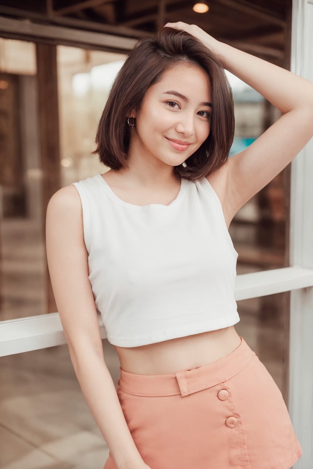 a woman, 24-years old, medium hair, brown hair, sleeveless crop t-shirt, navel, mini skirt, flirty smile, look at the viewer, medium close up portrait shot, indoor, dynamic light, natural color grading, sideboob peek,