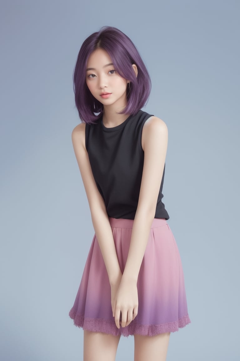 anselma, purple gradient hair, medium hair, sleeveless shirt, skirt, indoor, simple background, blue background
