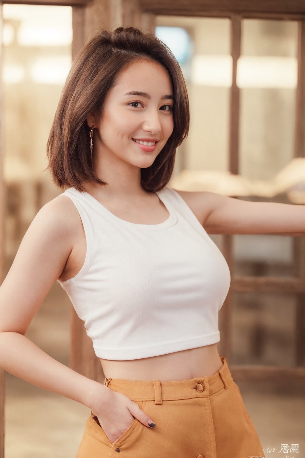 a woman, 22-years old, medium hair, brown hair, sleeveless crop t-shirt, navel, mini skirt, light smile, look at the viewer, medium close up portrait shot, indoor, dynamic light, natural color grading, sideboob peek,