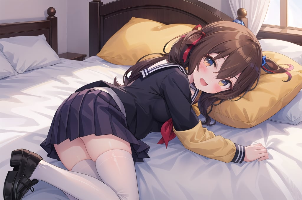 masterpiece, Best Quality, anime colours, Game CG, Official art, High quality, Best Quality, extremely detailed eye, extra detailed body, extremely detailed fingers, 1girl, solo, long hair, looking at viewer, blush, smile, open mouth, skirt, brown hair, shirt, thighhighs, long sleeves, hair between eyes, twintails, school uniform, yellow eyes, :d, multicolored hair, pleated skirt, lying, shoes, serafuku, indoors, black skirt, sailor collar, black footwear, white thighhighs, zettai ryouiki, pillow, bed, on bed, on side, blue shirt,nice nature\(umamusume)\