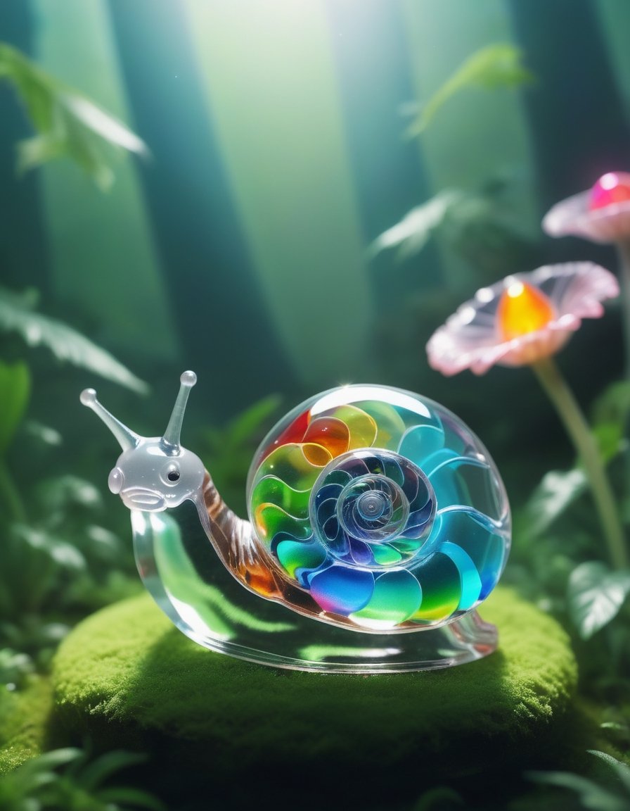 Photo of a snail with a shell made of crystal clear  colorful glass, light shines through. 
The snail's body is made of gummy. 
The background is a lush, green environment with foliage and flowers, creating a serene and enchanting scene.
