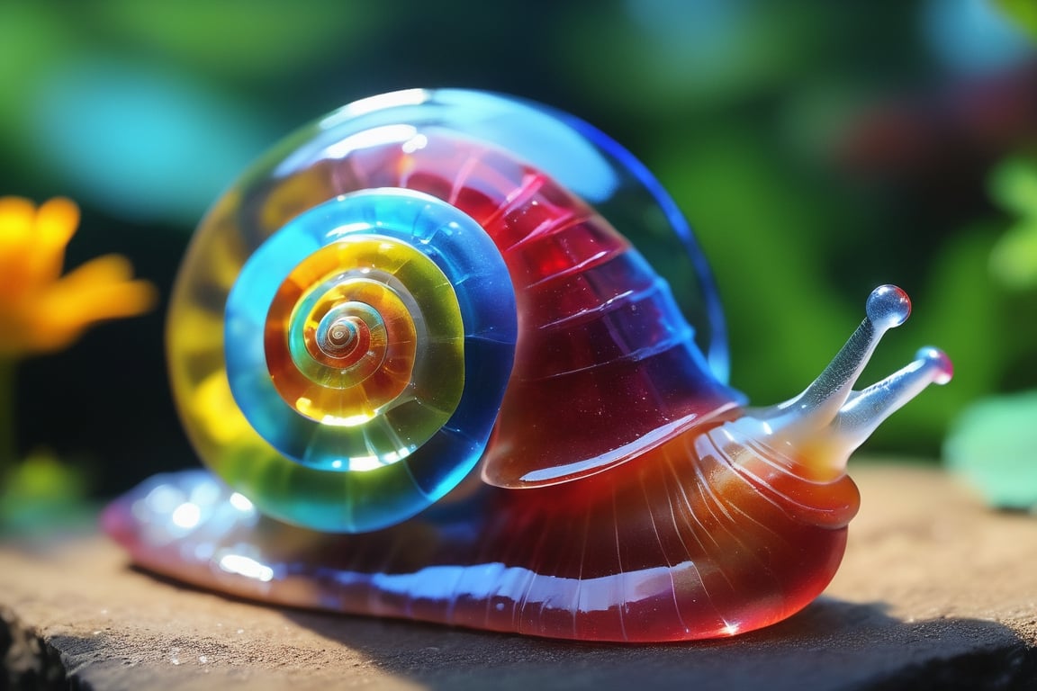 Photo of  a snail with a shell made of crystal clear glass . The shell is a vibrant mix of reds, blues, and yellows, light shines through. 
The snail's body is made of translucent gummy, blend of blues and greens, detailed markings. The background is a lush, green environment with foliage and flowers, creating a serene and enchanting scene.
