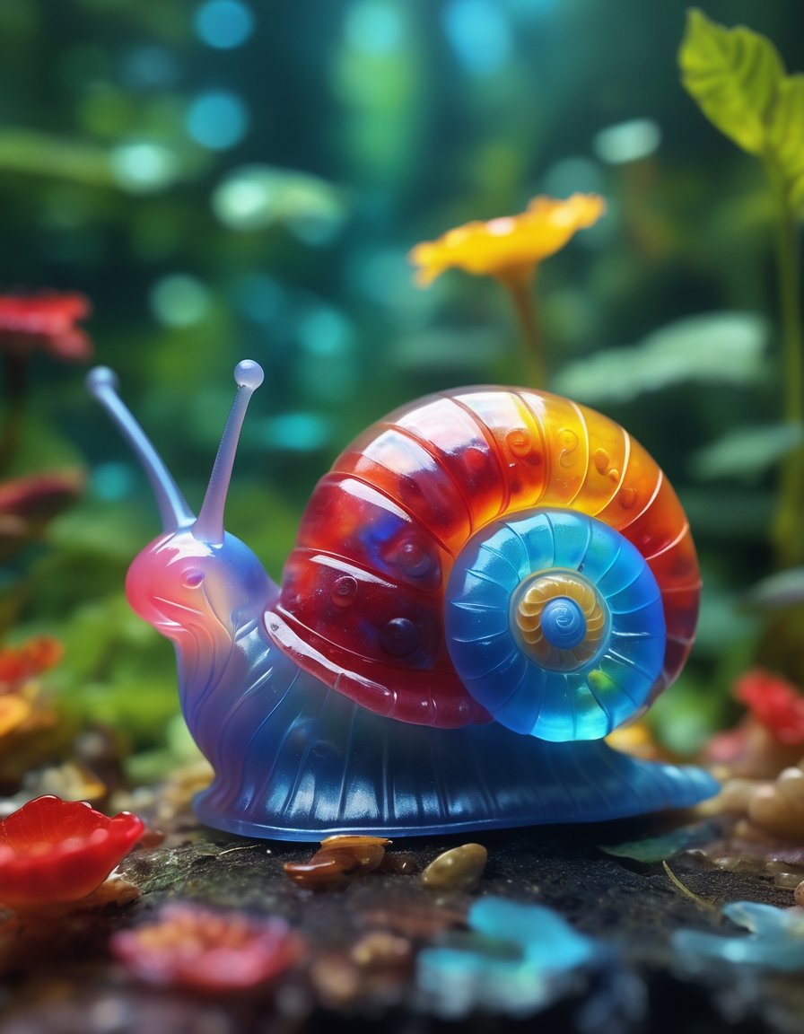 Photo of  a snail with a shell made of translucent  jelly . The shell is a vibrant mix of reds, blues, and yellows, light shines through. The snail's body is made of gummy, blend of blues and greens, detailed markings. The background is a lush, green environment with foliage and flowers, creating a serene and enchanting scene.