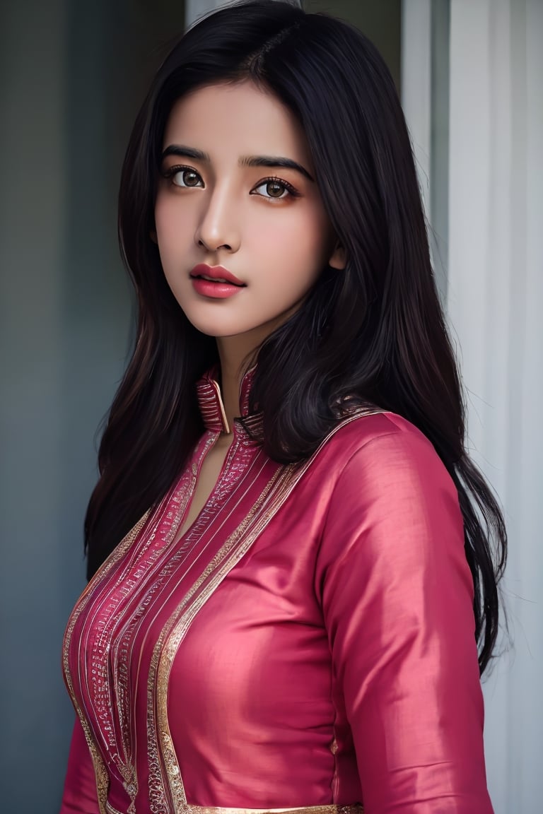 There a woman  young beautiful Nepali woman Wearing salwar kameez and dupatta, face features like Katrina Kaif, Standing looking into the camera, portrait causal photo,. Realism, Realism, Portrait