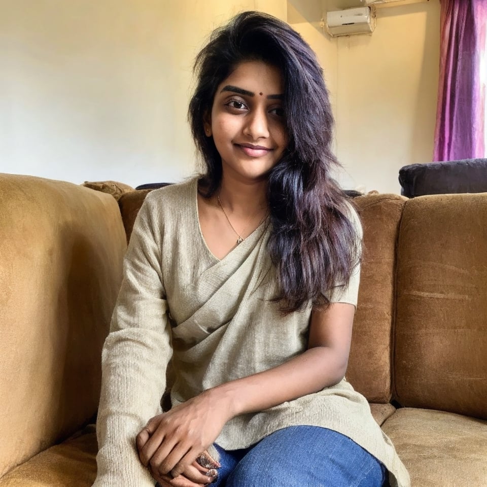 beautiful cute young attractive indian teenage girl, village girl, 18 years old, cute, Instagram model, long black_hair, colorful hair, warm, dacing, in home sit at sofa, indian