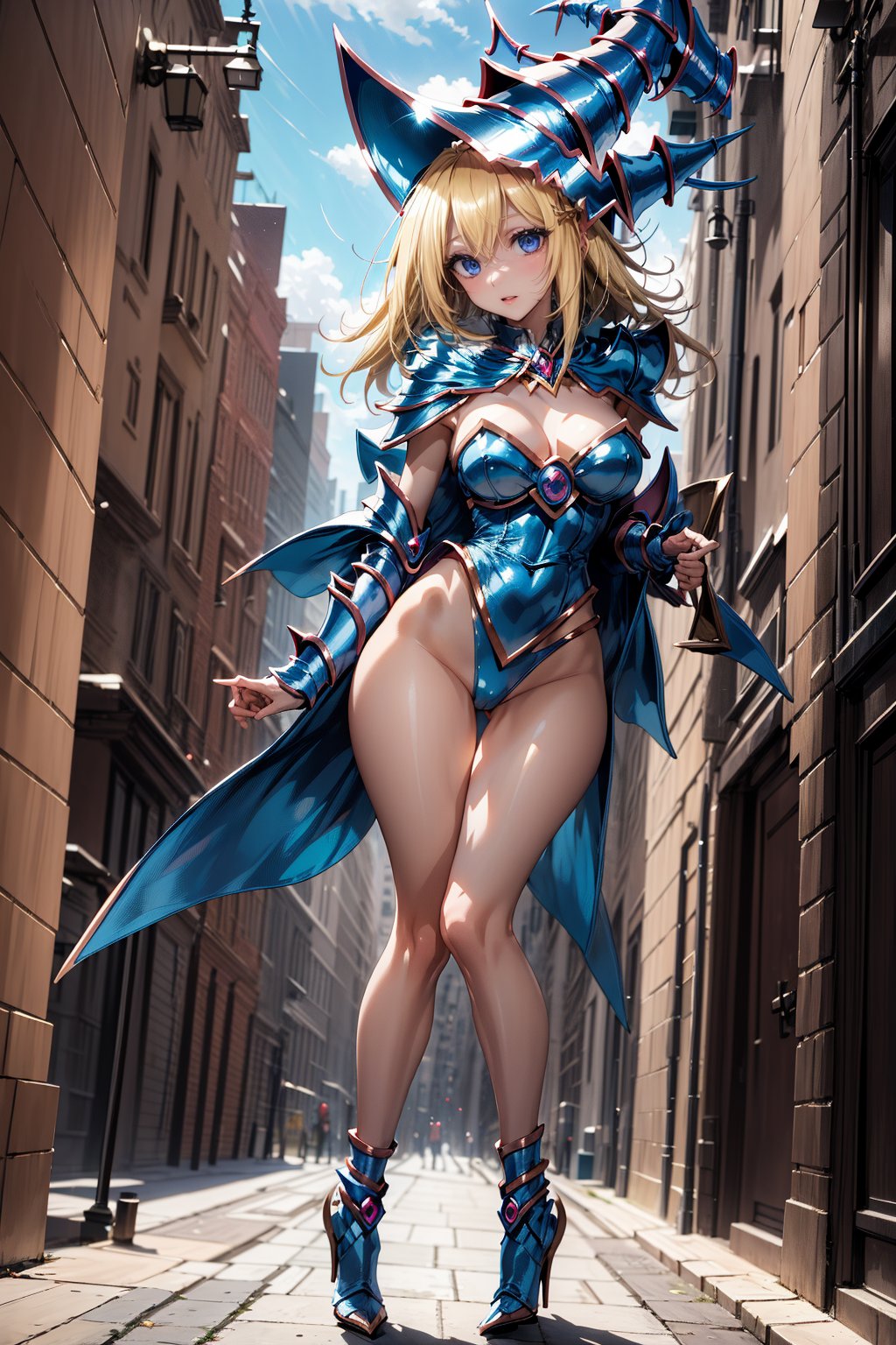 dark magician girl, blonde hair, blue eyes, perfect face, full body