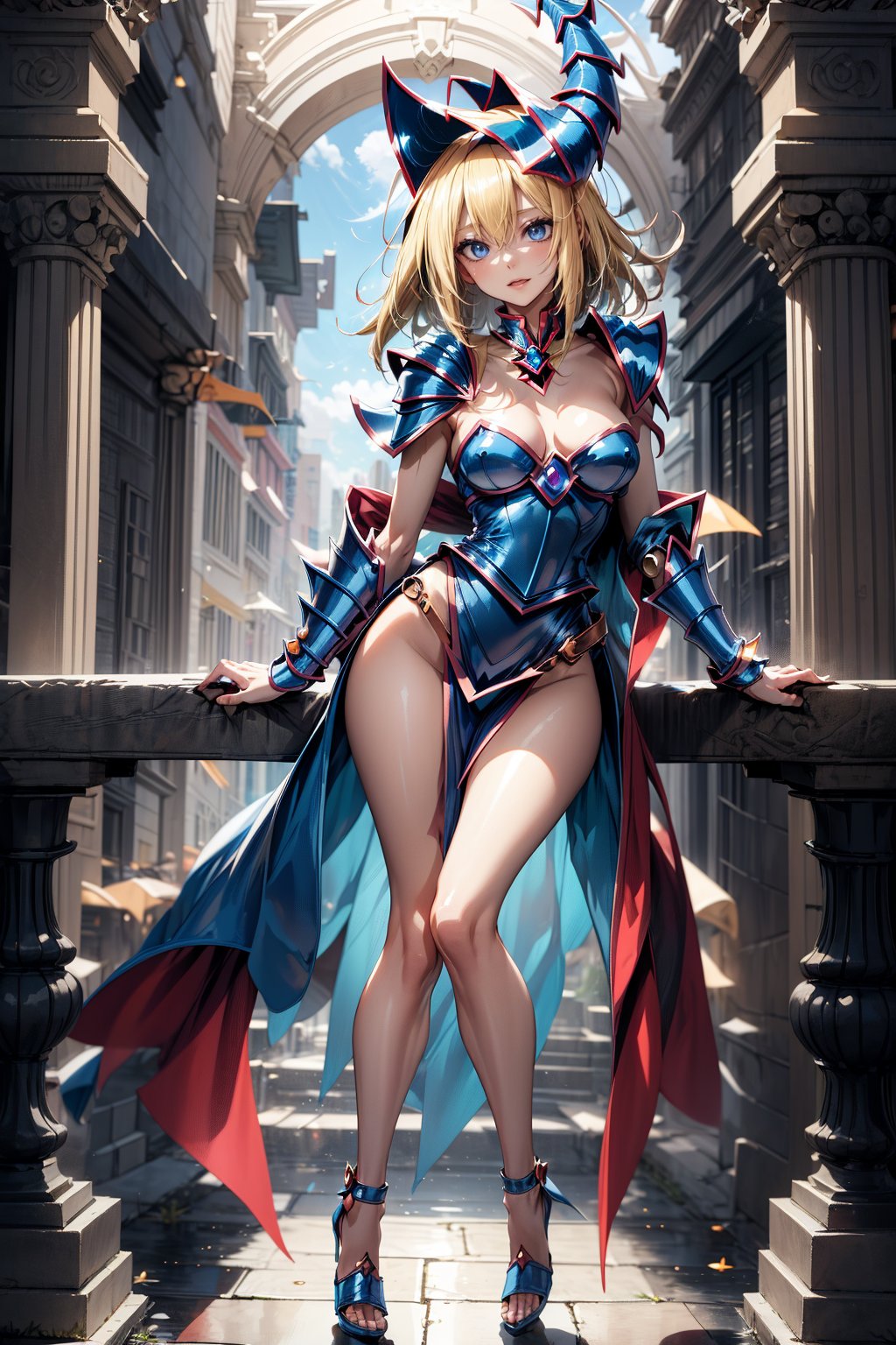 dark magician girl, blonde hair, blue eyes, perfect face, full body