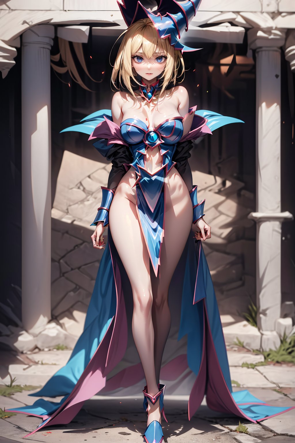 dark magician girl, blonde hair, blue eyes, perfect face, full body