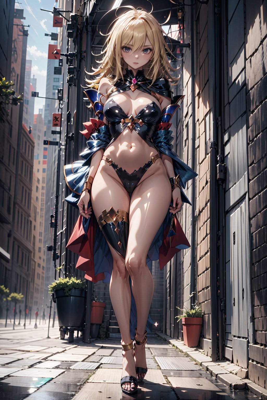 dark magician girl, blonde hair, blue eyes, perfect face, full body