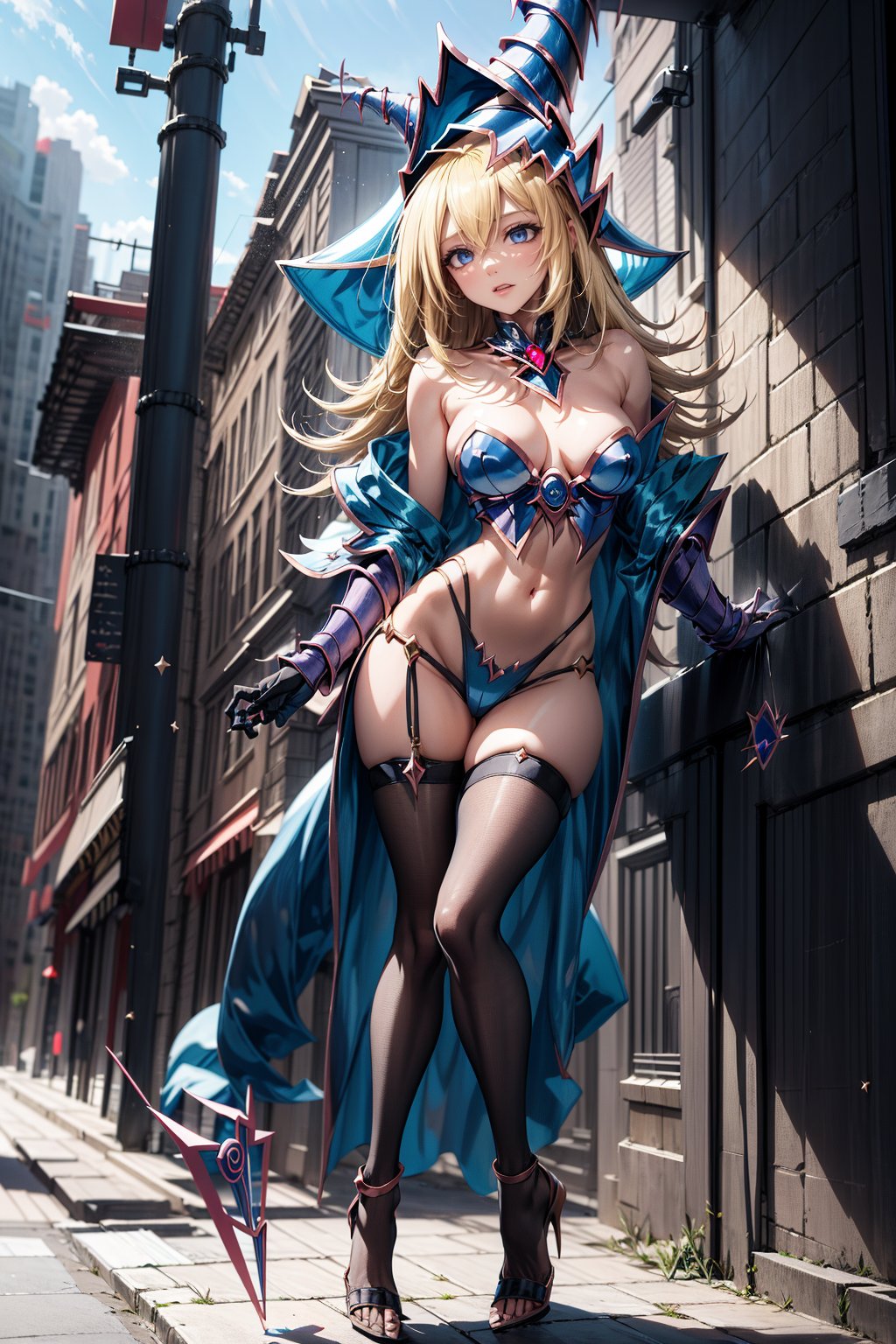 dark magician girl, blonde hair, blue eyes, perfect face, full body