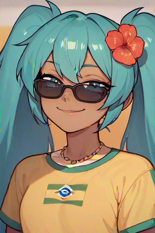  brazilianmiku, dark-skinned female, tanlines, twintails, hair flower, smug, black filmed sunglasses, eyes not visible, funny, score_9, score_8_up, score_7_up,score_6_up, score_5_up, score_4_up, facing right, simplistic style aspects, grinning, sparkle yellow shirt with Brazilian flag on the front