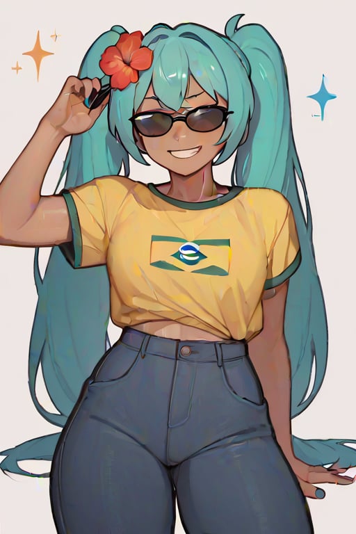  brazilianmiku, dark-skinned female, tanlines, twintails, hair flower, smug, black filmed sunglasses, eyes not visible, funny, score_9, score_8_up, score_7_up,score_6_up, score_5_up, score_4_up, facing right, simplistic style aspects, grinning, sparkle yellow shirt with Brazilian flag on the front, distance 3 feet, not looking at viewer 