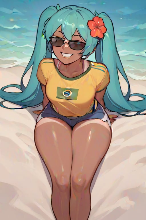  brazilianmiku, dark-skinned female, tanlines, twintails, hair flower, smug, black filmed sunglasses, eyes not visible, funny, score_9, score_8_up, score_7_up,score_6_up, score_5_up, score_4_up, facing right, simplistic style aspects, grinning, sparkle yellow shirt with Brazilian flag on the front, distance 3 feet, not looking at viewer , bending over 