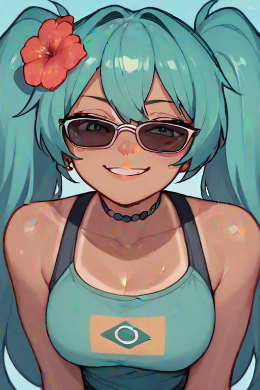  brazilianmiku, dark-skinned female, tanlines, twintails, hair flower, smug, black filmed sunglasses, eyes not visible, funny, score_9, score_8_up, score_7_up,score_6_up, score_5_up, score_4_up, 