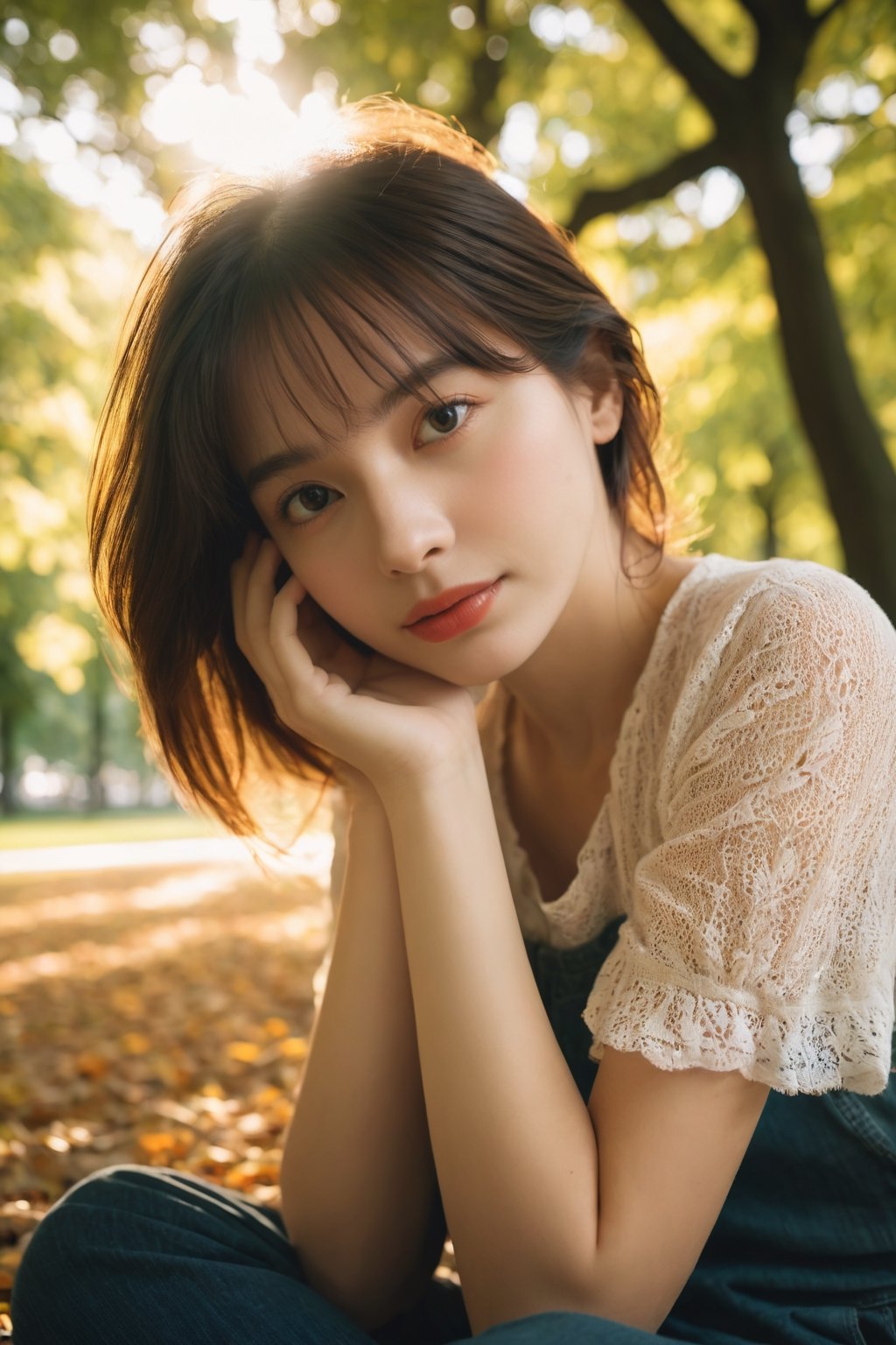 cinematic, documentary photography, a young woman, close-up shot, in a moment of solitude, under a tree in a park, soft sunlight, Nikon DSLR, warm and vibrant colors