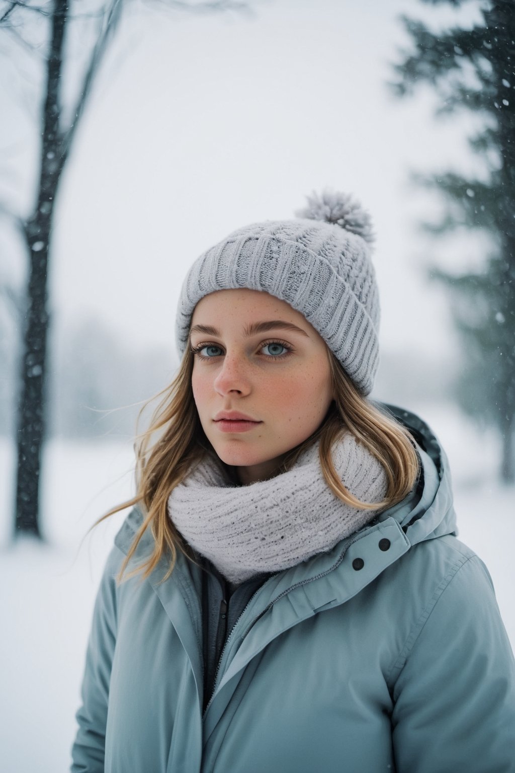 Cinematic, documentary photography, a young woman in a snowy day, wide shot, in a serene winter landscape, snowfall, soft natural light, Nikon D850, cool and tranquil color palette.