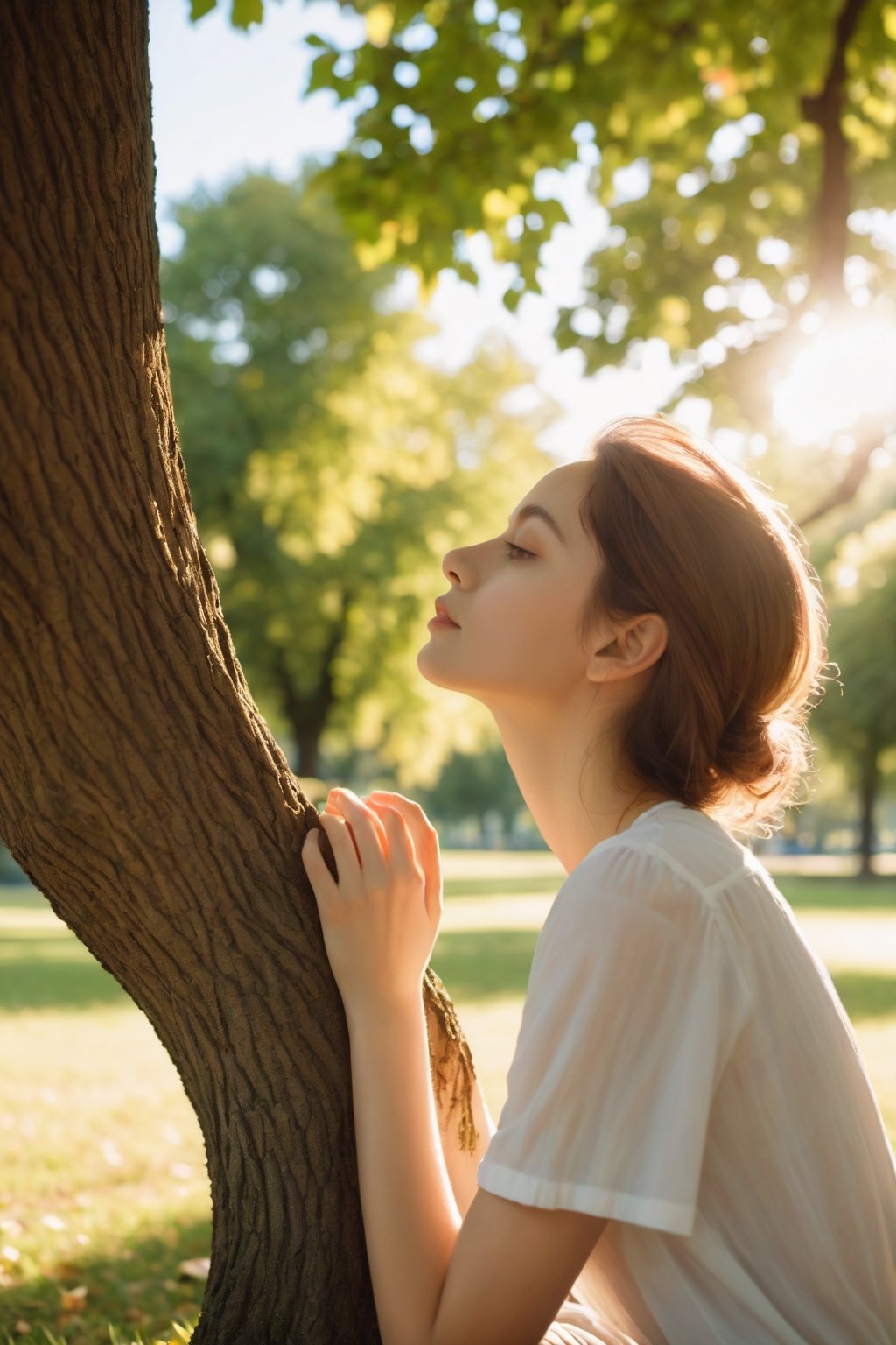 cinematic, documentary photography, a young woman, close-up shot, in a moment of solitude, under a tree in a park, soft sunlight, Nikon DSLR, warm and vibrant colors