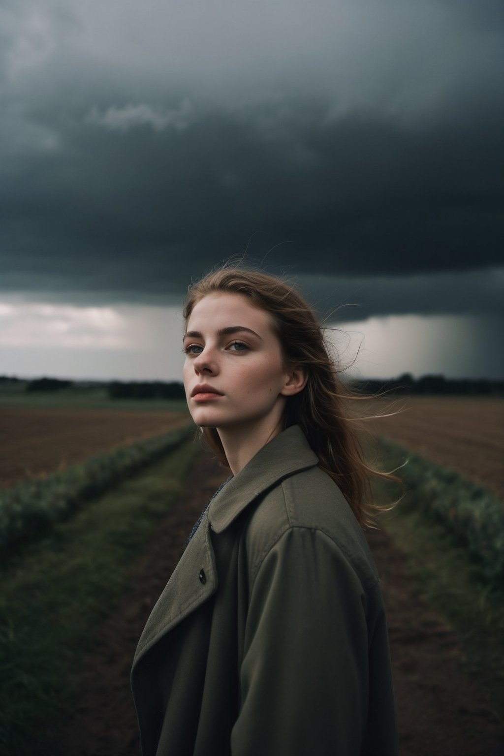 cinematic, documentary photography, a young woman under a cloudy day, wide shot, in a melancholic scene, soft light filtering through clouds, Nikon DSLR, cool and muted tones