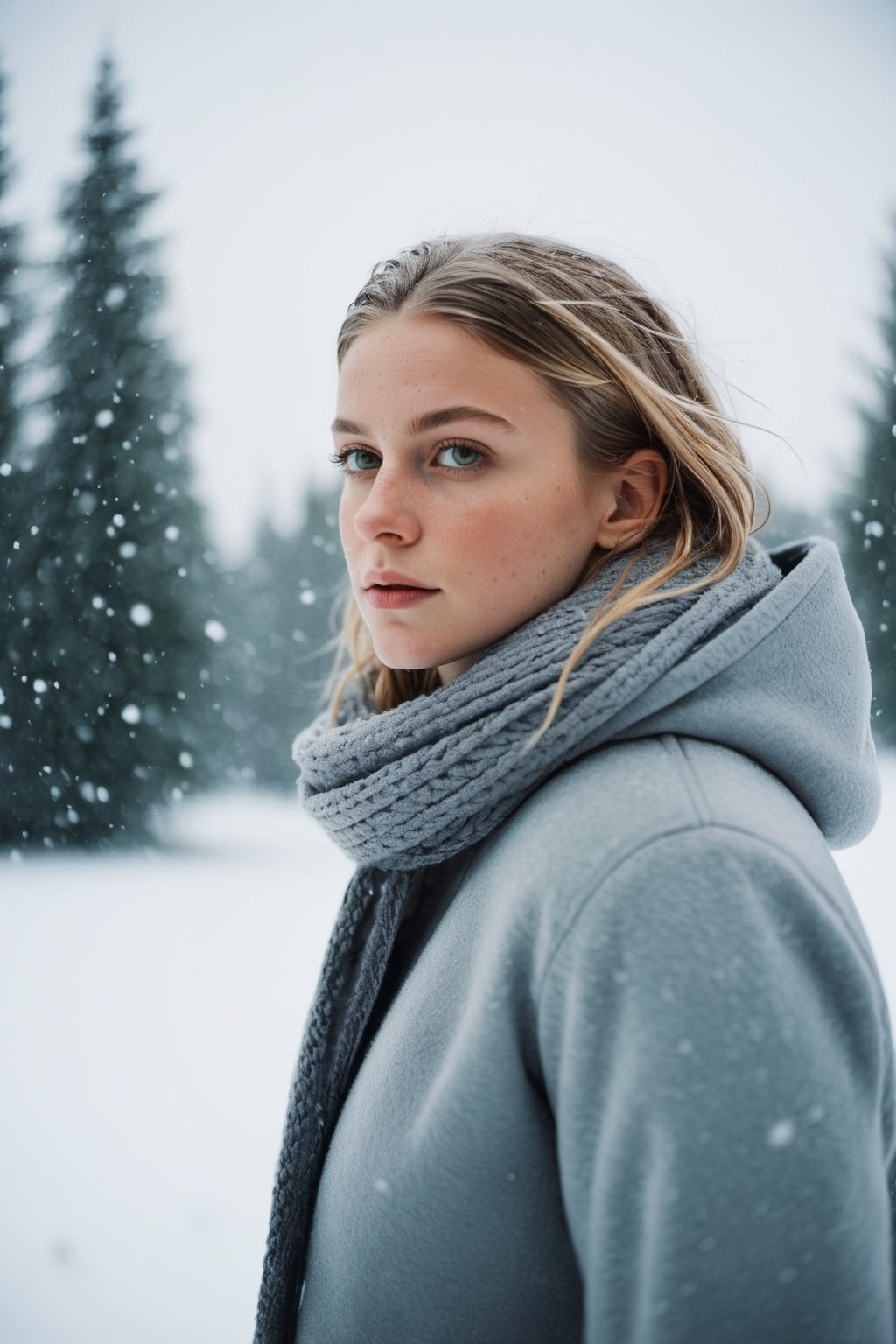 Cinematic, documentary photography, a young woman in a snowy day, wide shot, in a serene winter landscape, snowfall, soft natural light, Nikon D850, cool and tranquil color palette.