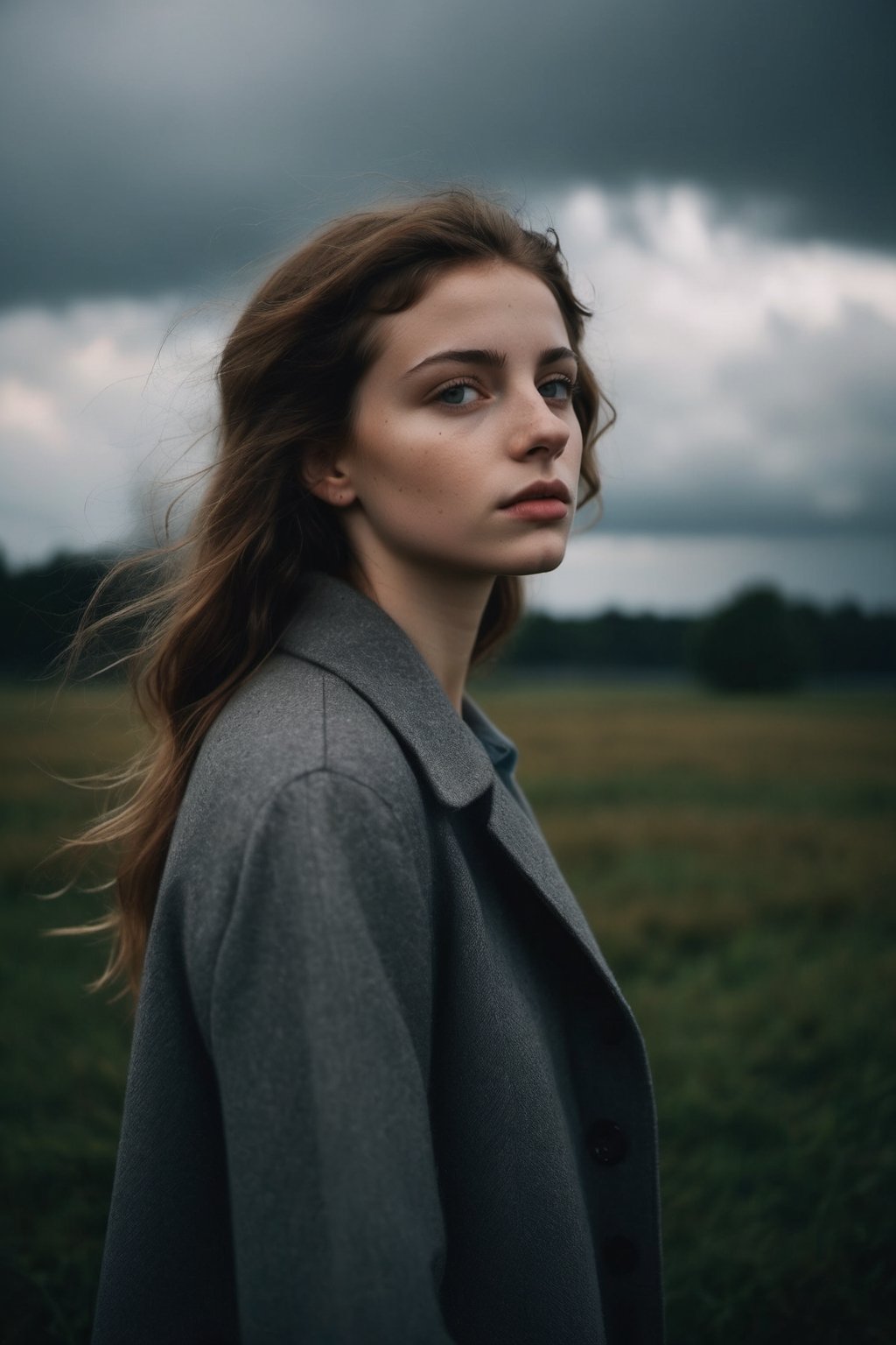 cinematic, documentary photography, a young woman under a cloudy day, wide shot, in a melancholic scene, soft light filtering through clouds, Nikon DSLR, cool and muted tones