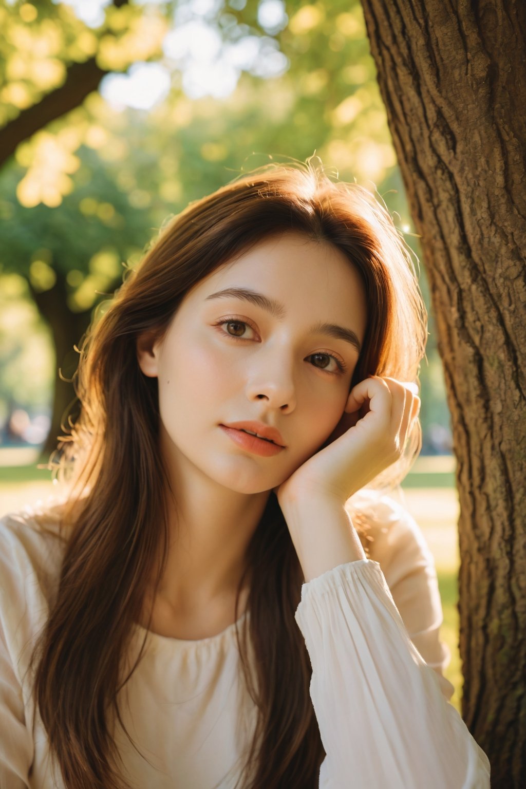 cinematic, documentary photography, a young woman, close-up shot, in a moment of solitude, under a tree in a park, soft sunlight, Nikon DSLR, warm and vibrant colors