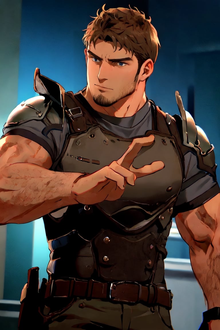 1_boy, solo, looking at viewer, short hair, brown hair, 1boy, upper body, male focus, grey shirt, facial hair, shoulder armor, realistic, masculine, muscular, large pecs, arm hair, manly, handsome, charming, alluring, perfect eyes, perfect anatomy, perfect proportions, (perfecteyes) perfect anatomy, perfect proportions, best quality, masterpiece, high_resolution, dutch angle, cowboy shot, photo background, perfect hands, perfect fingers, intricate details,photorealistic,Anime,chris-rev