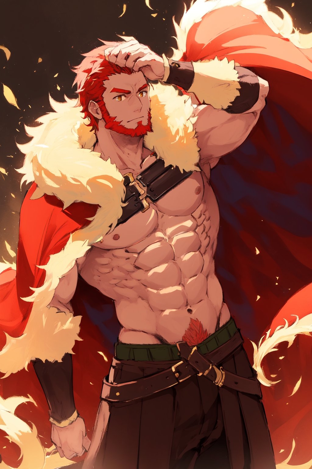 1_man, masculine, tanned, (olive_skin), square_jawline, short_hair, red_hair, beard, broad_shoulders, burly, muscular, chunky, thickset, chestplate, fur_cape, (yellow_fur, red_cape),  leather_chestplate, metal_armbands, metal_kilt, metal_armour, big_pecs, hairy, hairy arms, hairy hands, hairy chest, chest hair, long_sideburns, chin_beard, powerlifter_bodytype, big_muscle,  cowboy shot, Dutch angle, perfect anatomy, perfect proportions, best quality, masterpiece, high_resolution, dutch angle, cowboy shot, photo background, perfect hands, perfect fingers, intricate details, iskandar