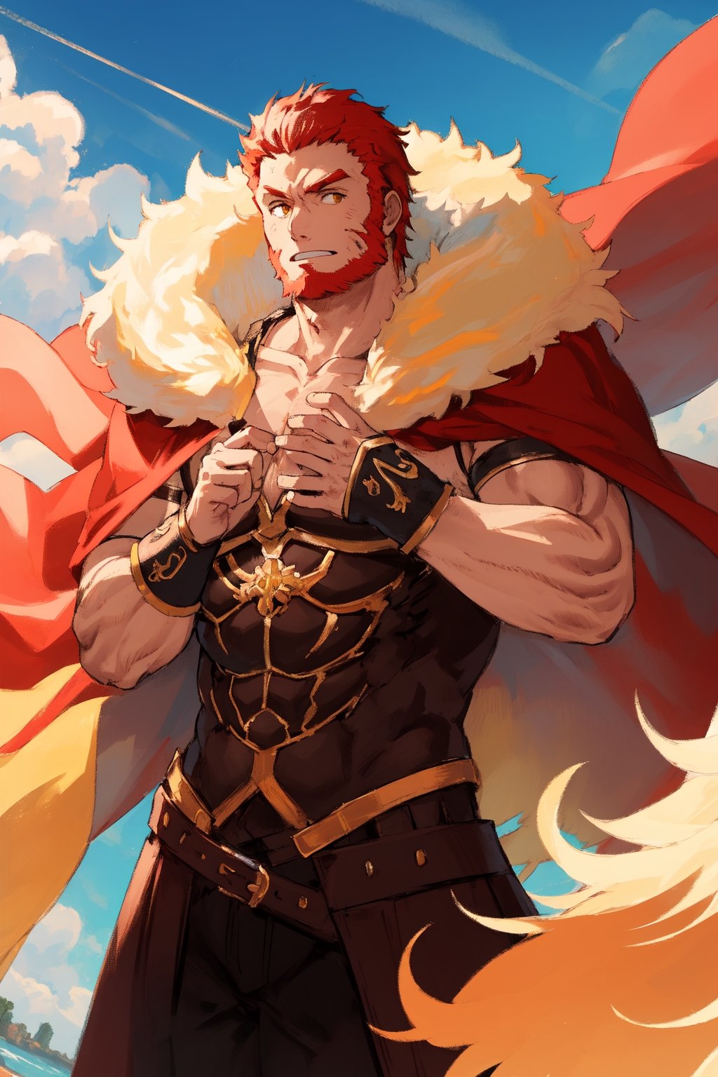 1_man, masculine, tanned, (olive_skin), square_jawline, short_hair, red_hair, beard, broad_shoulders, burly, muscular, chunky, thickset, chestplate, fur_cape, (yellow_fur, red_cape),  leather_chestplate, metal_armbands, metal_kilt, metal_armour, big_pecs, hairy, hairy arms, hairy hands, hairy chest, chest hair, long_sideburns, chin_beard, powerlifter_bodytype, big_muscle,  cowboy shot, Dutch angle, perfect anatomy, perfect proportions, best quality, masterpiece, high_resolution, dutch angle, cowboy shot, photo background, perfect hands, perfect fingers, intricate details, iskandar