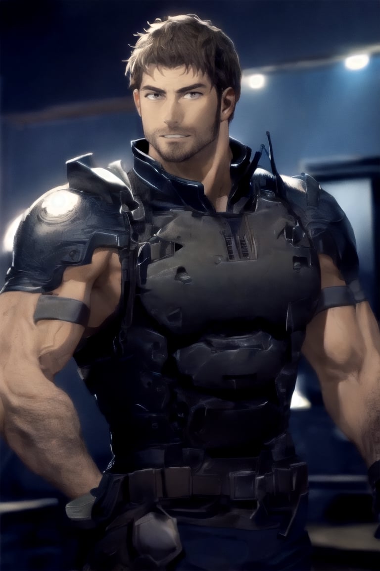 1_boy, solo, looking at viewer, short hair, brown hair, 1boy, upper body, male focus, grey shirt, facial hair, shoulder armor, realistic, masculine, muscular, large pecs, arm hair, manly, handsome, charming, alluring, perfect eyes, perfect anatomy, perfect proportions, (perfecteyes) perfect anatomy, perfect proportions, best quality, masterpiece, high_resolution, dutch angle, cowboy shot, photo background, perfect hands, perfect fingers, intricate details,photorealistic