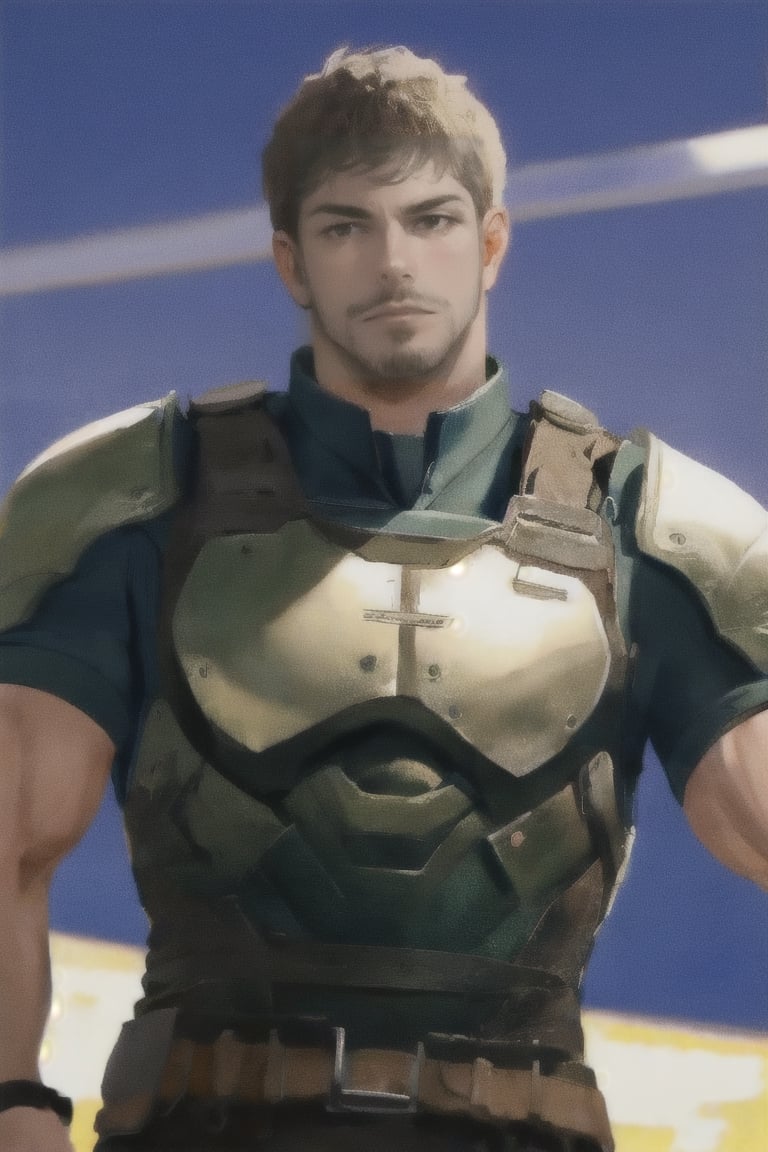 1_boy, solo, looking at viewer, short hair, brown hair, 1boy, upper body, male focus, grey shirt, facial hair, shoulder armor, realistic, masculine, muscular, large pecs, arm hair, manly, handsome, charming, alluring, perfect eyes, perfect anatomy, perfect proportions, (perfecteyes) perfect anatomy, perfect proportions, best quality, masterpiece, high_resolution, dutch angle, cowboy shot, photo background, perfect hands, perfect fingers, intricate details,photorealistic,Anime,chris-rev