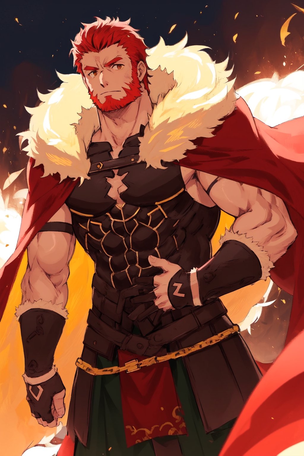 1_man, masculine, tanned, (olive_skin), square_jawline, short_hair, red_hair, beard, broad_shoulders, burly, muscular, chunky, thickset, chestplate, fur_cape, (yellow_fur, red_cape),  leather_chestplate, metal_armbands, metal_kilt, metal_armour, big_pecs, hairy, hairy arms, hairy hands, hairy chest, chest hair, long_sideburns, chin_beard, powerlifter_bodytype, big_muscle,  cowboy shot, Dutch angle, perfect anatomy, perfect proportions, best quality, masterpiece, high_resolution, dutch angle, cowboy shot, photo background, perfect hands, perfect fingers, intricate details, iskandar