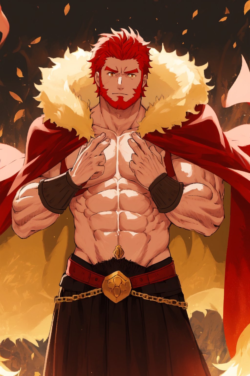 1_man, masculine, tanned, (olive_skin), square_jawline, short_hair, red_hair, beard, broad_shoulders, burly, muscular, chunky, thickset, chestplate, fur_cape, (yellow_fur, red_cape),  leather_chestplate, metal_armbands, metal_kilt, metal_armour, big_pecs, hairy, hairy arms, hairy hands, hairy chest, chest hair, long_sideburns, chin_beard, powerlifter_bodytype, big_muscle,  cowboy shot, Dutch angle, perfect anatomy, perfect proportions, best quality, masterpiece, high_resolution, dutch angle, cowboy shot, photo background, perfect hands, perfect fingers, intricate details, iskandar