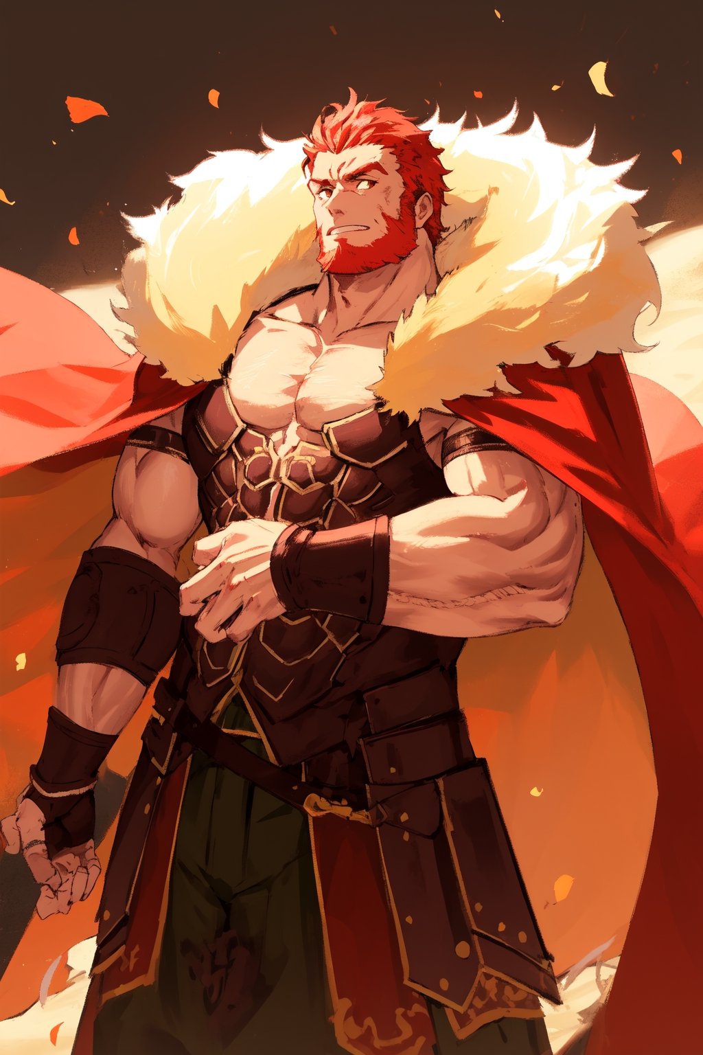 1_man, masculine, tanned, (olive_skin), square_jawline, short_hair, red_hair, beard, broad_shoulders, burly, muscular, chunky, thickset, chestplate, fur_cape, (yellow_fur, red_cape),  leather_chestplate, metal_armbands, metal_kilt, metal_armour, big_pecs, hairy, hairy arms, hairy hands, hairy chest, chest hair, long_sideburns, chin_beard, powerlifter_bodytype, big_muscle,  cowboy shot, Dutch angle, perfect anatomy, perfect proportions, best quality, masterpiece, high_resolution, dutch angle, cowboy shot, photo background, perfect hands, perfect fingers, intricate details, iskandar