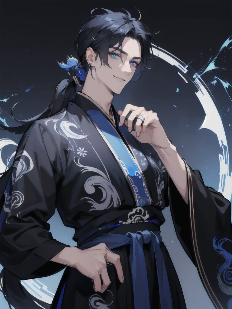 masterpiece, best quality, ultra high resolution, detailed face, perfect focus, 1boy, handsome cool man, (mature:1.2), (tall), detailed beautiful dark_blue_eyes, sharp_eyes, childish smile, black_hair, long_hair, hair_band, low_pony_tail, (black_hanfu),(black yin yang embroidery),(blue_earring), (silver_rings), free style, lighting magic