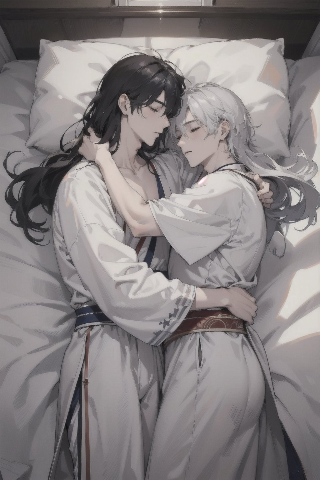 (masterpiece, best quality), ultra high resolution, detailed face, perfect focus, (2boys), sleeping couple, hugging each other, (white hanfu), collarbone, morning light, bed, white bed sheet BREAK handsome man, black_hair AND long_hair, tall BREAK beautiful man, silver_hair AND long_hair