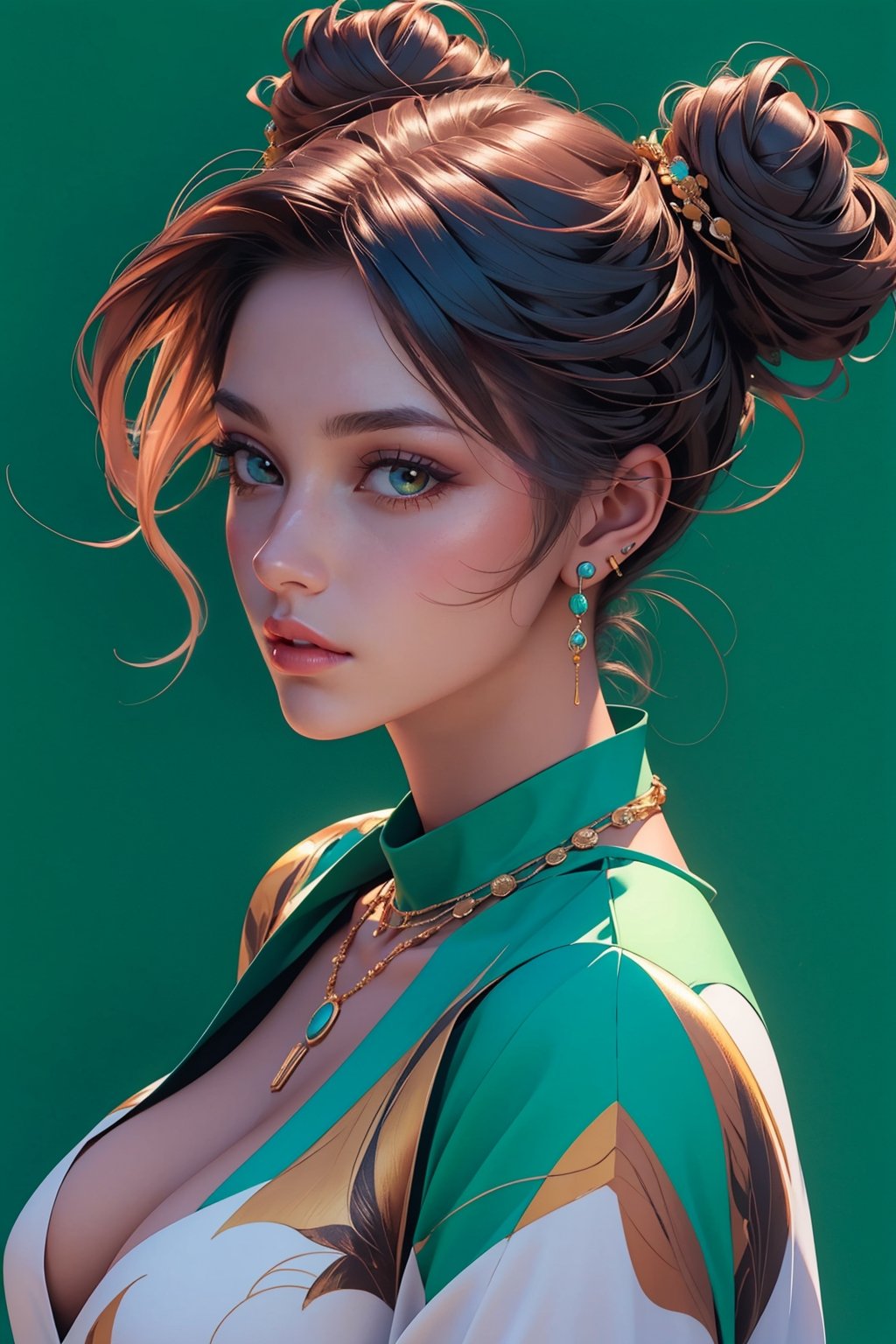 1girl, half body shot, solo,,oil painting, impasto, looking at viewer, double bun hair, blue eyes, lips, brown skin, necklace, lips, vibrant blue background,circlet,green sexy outfit showing cleavage,masterpiece,beautyniji,nijistyle,niji, ,3DMM