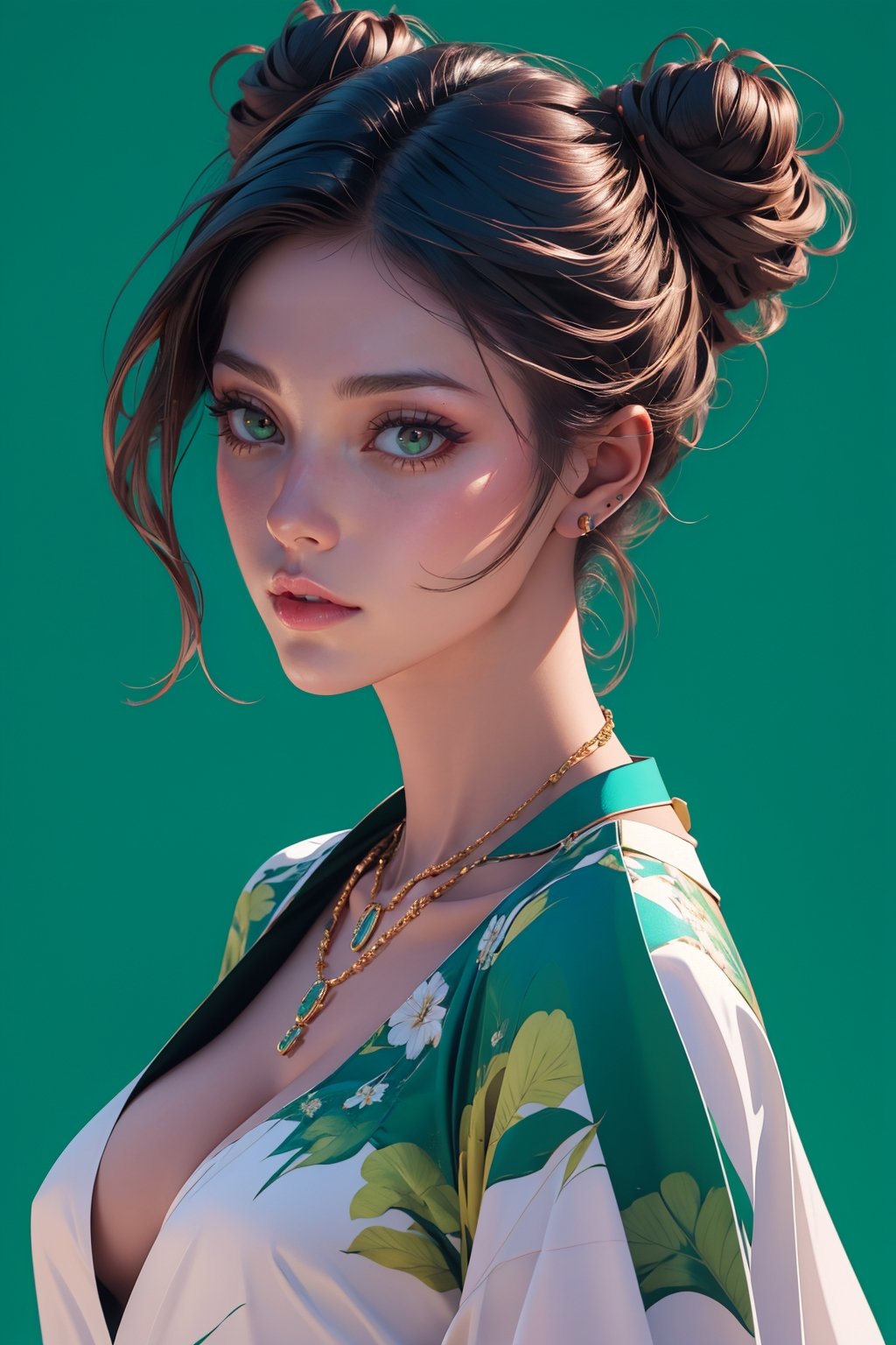 3d style, realisitc, 8k, highly detailed,1girl, half body shot, solo,,oil painting, impasto, looking at viewer, double bun hair, blue eyes, lips, brown skin, necklace, lips, vibrant blue background,circlet,green sexy outfit showing cleavage,masterpiece,beautyniji,nijistyle,niji, ,3DMM