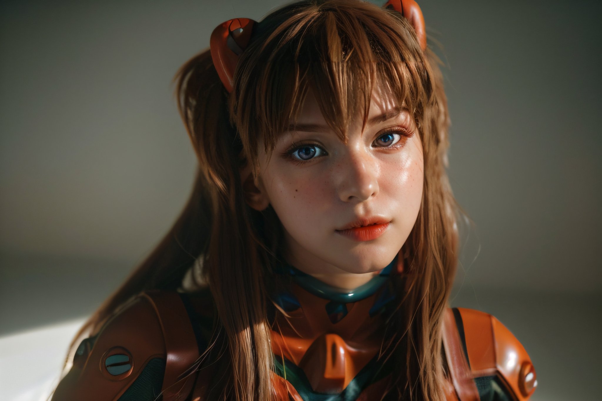 analog style, modelshoot style, portrait of shirogane, close up, feminine, epic (photo, studio lighting, hard light, sony a7, 50 mm, matte skin, pores, colors, hyperdetailed, hyperrealistic), Asuka Langley - Shirogane-Sama Cosplay, sexy look