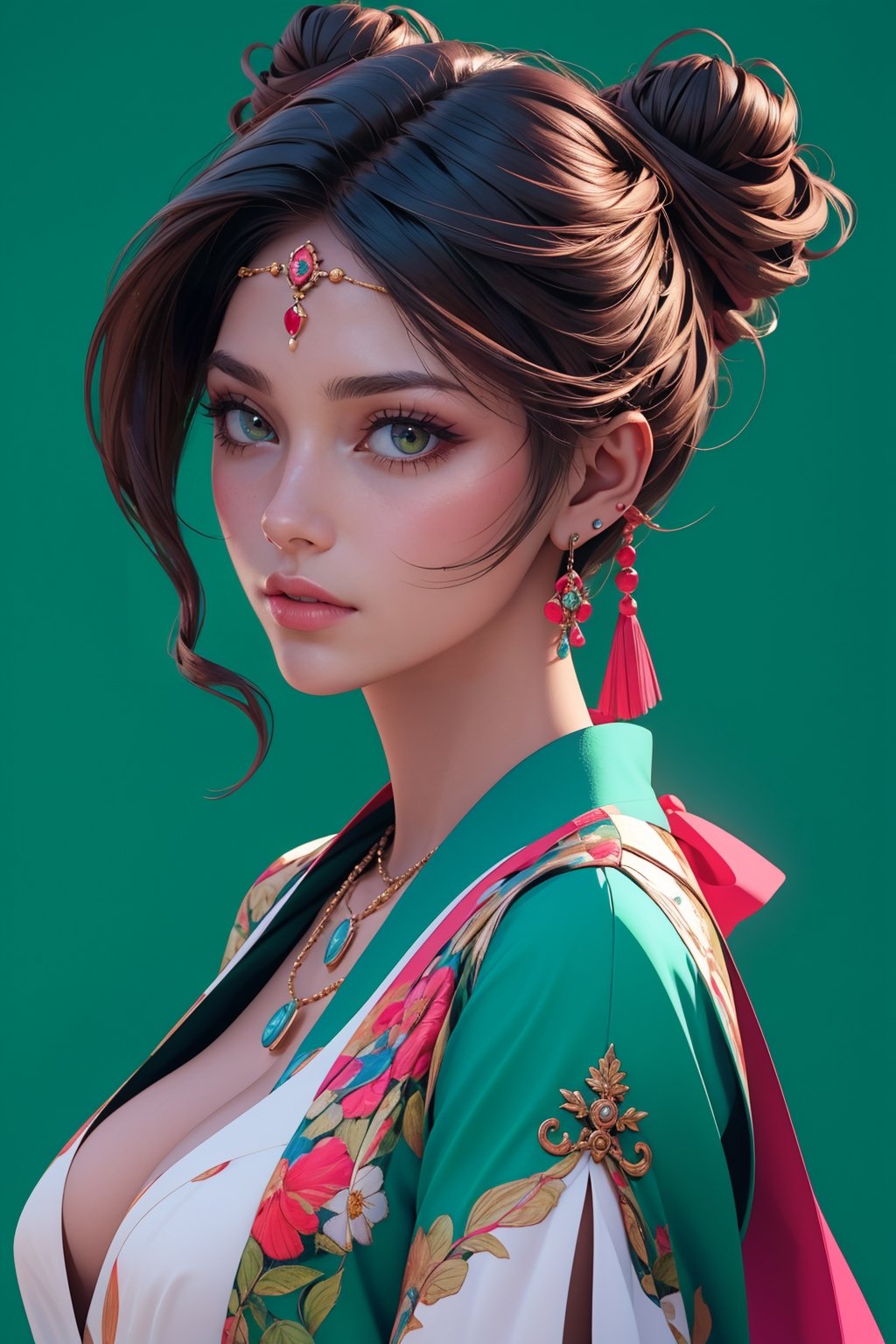 3d style, realisitc, 8k, highly detailed,1girl, half body shot, solo,,oil painting, impasto, looking at viewer, double bun hair, blue eyes, lips, brown skin, necklace, lips, vibrant blue background,circlet,green sexy outfit showing cleavage,masterpiece,beautyniji,nijistyle,niji, ,3DMM