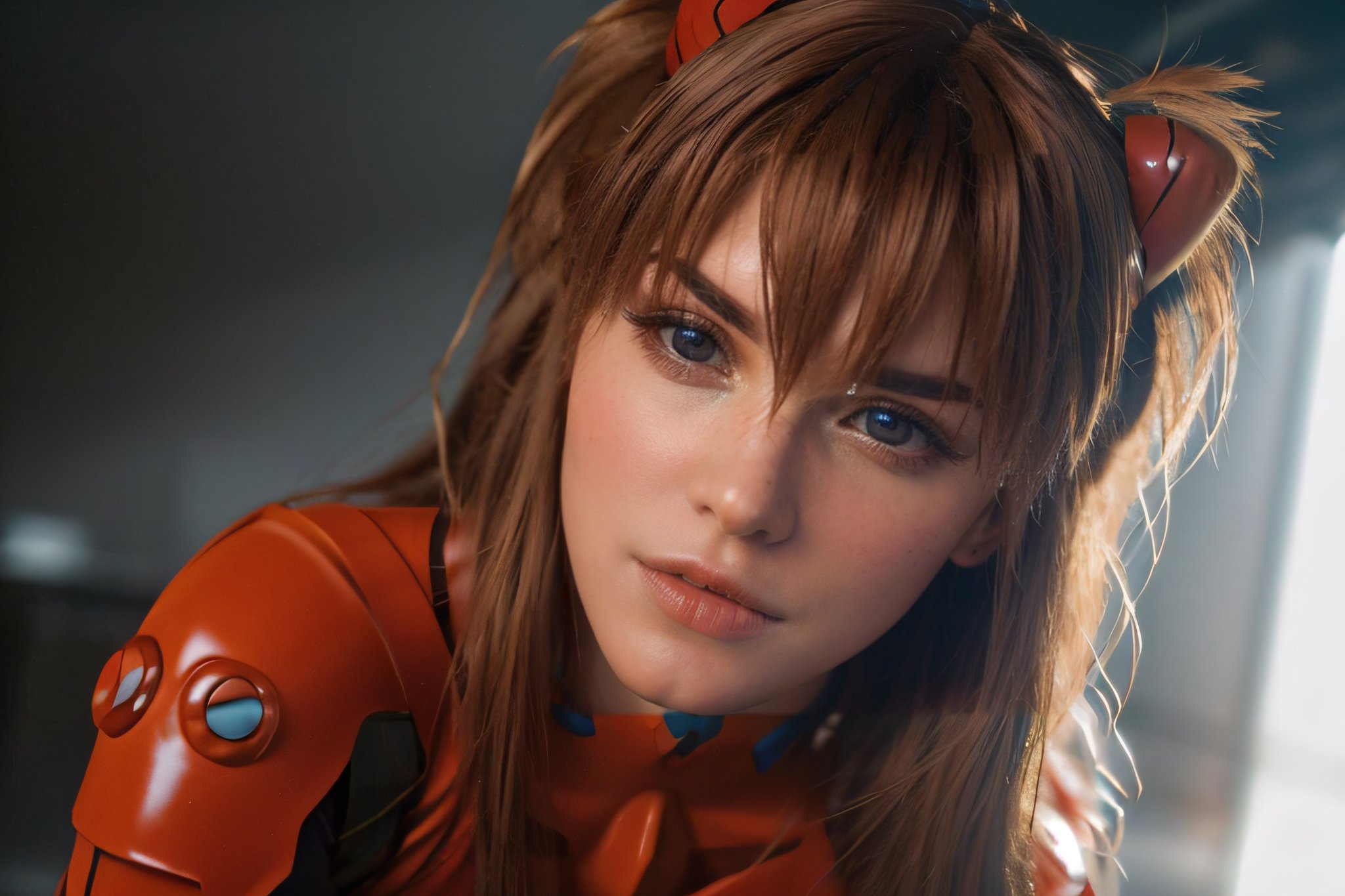 analog style, modelshoot style, portrait of shirogane, close up, feminine, epic (photo, studio lighting, hard light, sony a7, 50 mm, matte skin, pores, colors, hyperdetailed, hyperrealistic), Asuka Langley - Shirogane-Sama Cosplay, sexy look