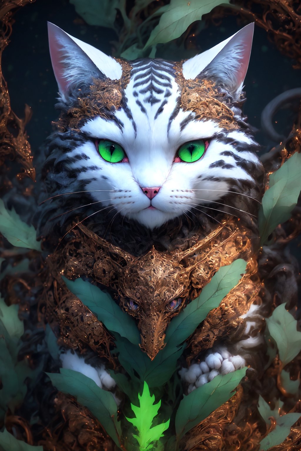 Intricate  fantasy animal cat detail, award winnig photography, intricate details, 8k, colors cian and white ,Intricate ,Add more detail,green theme,perfect light,r1ge