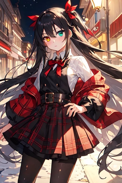 ((masterpiece, best_quality)), 1girl, looking_at_viewer, background_night, heterochromia, red_and_yellow_eyes, very_long_hair, black-hair, black_uniform, plaid_skirt, pantyhose, cold_expression, hair_ribbons, long_sleeves