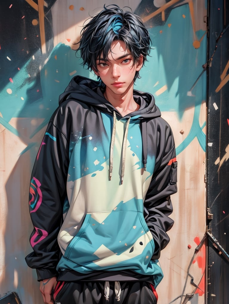 Craft a 2.5D ultra-detailed realistic image of a handsome man with black and blue hair wearing a vibrant, colorful hoodie. Surround the figure with glowing paint splatters and place him against a backdrop of graffiti-covered walls for an artistic urban feel.,1boy,boy